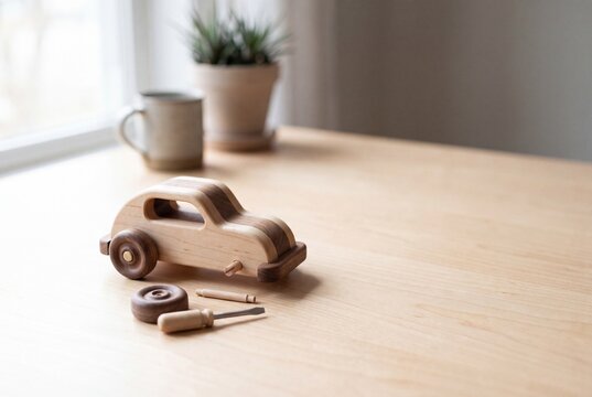 Wooden toy car with detached wheel and miniature screwdriver on light wooden table. Fixing wooden vehicle assembly concept. Copy space