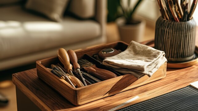 Wooden tray with leather crafting tools on a workbench. Artisan hand tools, awls, and linen cloth in warm sunlight