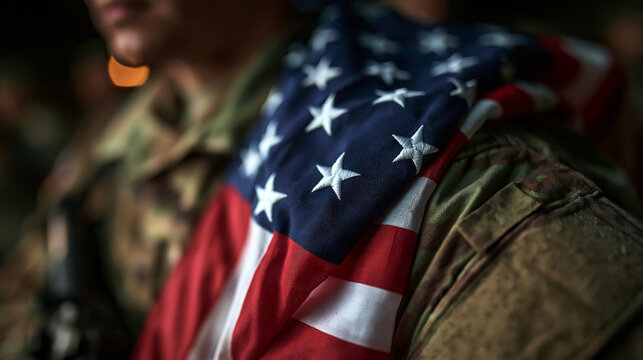 American Flag Draped on Shoulder of US Soldier