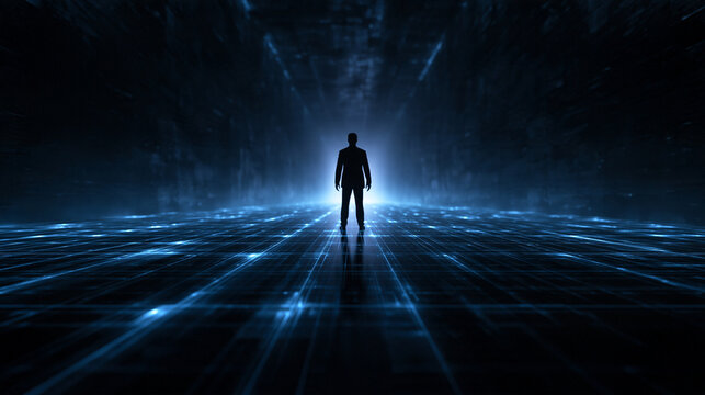 Businessman Standing in Futuristic Digital Technology Corridor