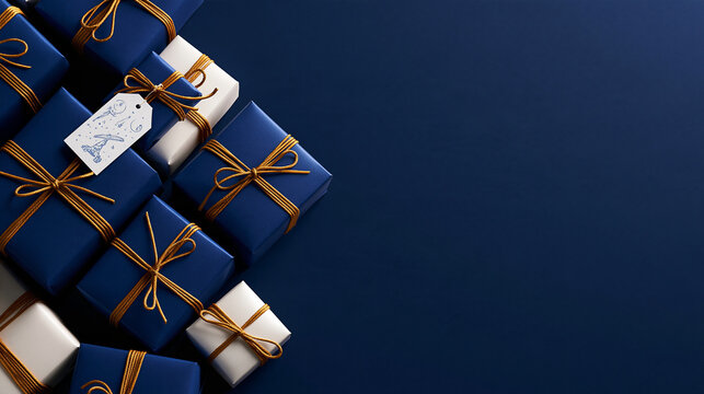 Blue Gift Boxes with Gold Ribbon and Copy Space