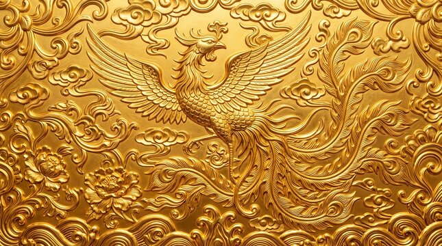 Golden Chinese Phoenix Relief Carving with Traditional Floral Patterns