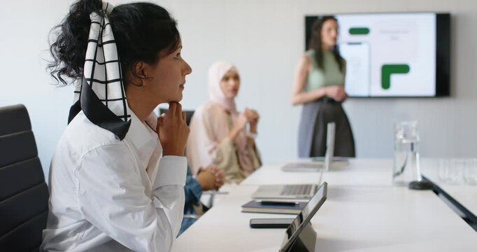 Women team watching presenter opening app slide during meeting for demo, gesturing, copy space