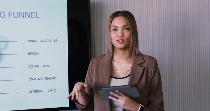 Woman host in brown blazer using tablet pointing to Referral Traffic on funnel in office explaining