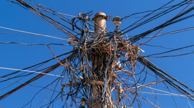 Tangled overhead electrical wires on utility pole, chaotic urban cable mess with dense network connections, power lines communication cables creating complex infrastructure clutter in a city street