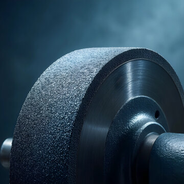 Industrial manufacturing and precision engineering, abrasive grinding wheel for metal surface finishing and heavy machinery maintenance in a workshop