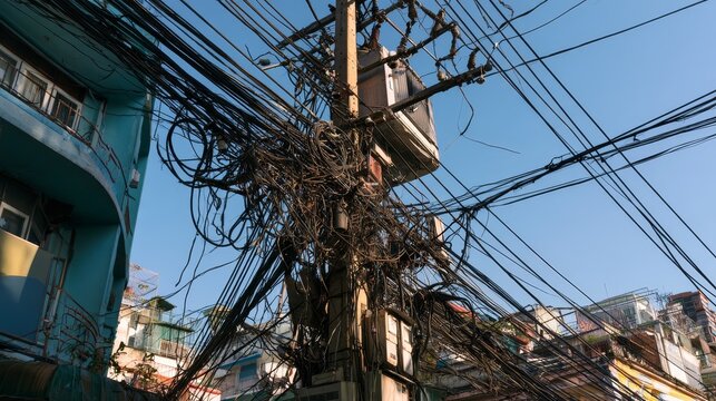 Tangled overhead electrical wires on utility pole, chaotic urban cable mess with dense network connections, power lines communication cables creating complex infrastructure clutter in a city street