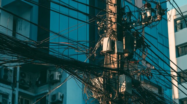 Tangled overhead electrical wires on utility pole, chaotic urban cable mess with dense network connections, power lines communication cables creating complex infrastructure clutter in a city street