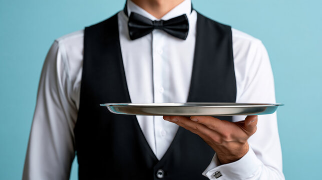 Male waiter formal uniform black vest white shirt bow tie serving tray restaurant service hospitality worker professional service faceless man adult man catering staff server fine dining elegant