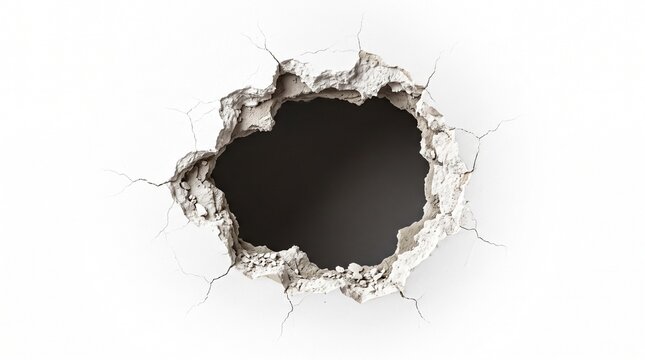 Large jagged hole broken through a white plaster wall surface