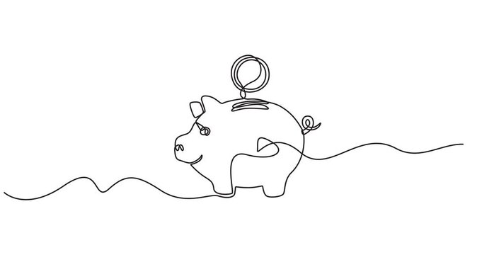 Piggy bank with dollar coin set animation continuous one line drawing, Self drawing simple animation of Piggy bank with dollar coin set. Full length one line animation. Saving money concept, 4k video