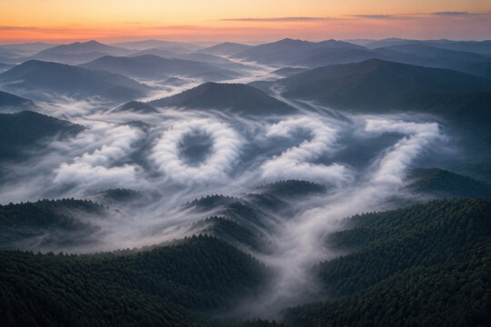 Layered forested mountains surround swirling clouds and mist at sunrise, creating a dramatic natural landscape with atmospheric depth.