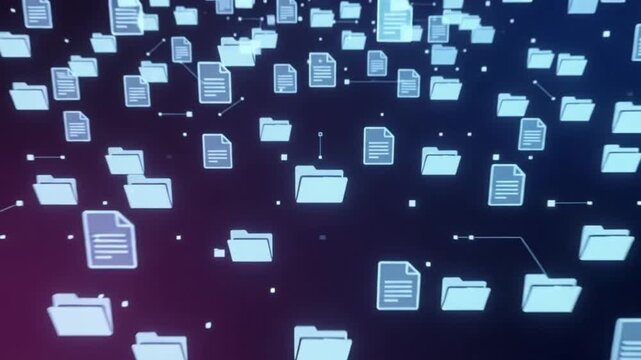 Futuristic digital document network floating in vibrant cosmic space for creative innovation and data visualization