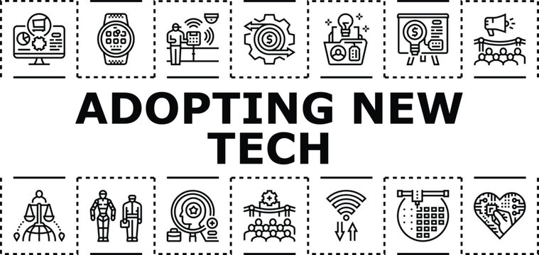 Adopting new tech banner infographic. Modernization future, technology connectivity, analytics implementation icon vector illustration