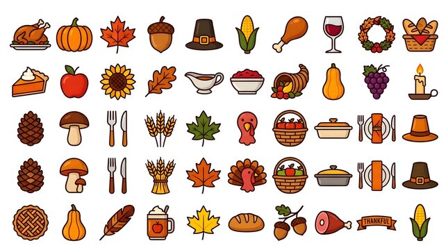 A vibrant and colorful assortment of thanksgiving icons representing the festive spirit of gratitude and autumn harvest celebrations