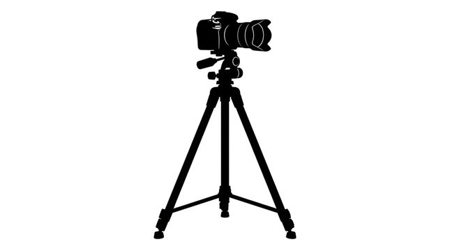 Professional Camera on Tripod Silhouette, Photography Equipment and Camera Stand Illustration Isolated on White Background