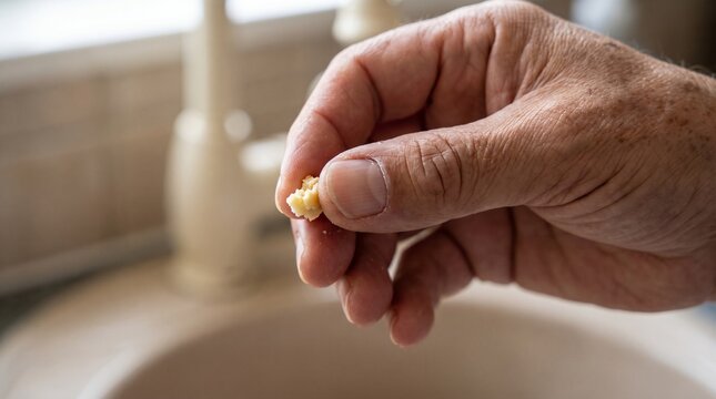 Hand Holding Removed Tonsil Stone in Bathroom Close Up