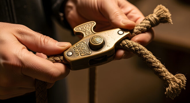 Close-up of hands using a brass rope splicing tool on a thick natural fiber rope