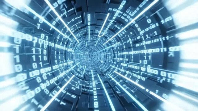 Futuristic Digital Tunnel with Binary Code Stream for Tech, Innovation, and Cybersecurity Concepts