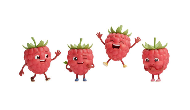 Set of adorable 3D raspberry mascots jumping and waving with various expressive faces
