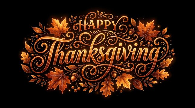 A beautifully designed thanksgiving image featuring ornate lettering and vibrant autumn leaves conveying warmth and gratitude for the holiday season
