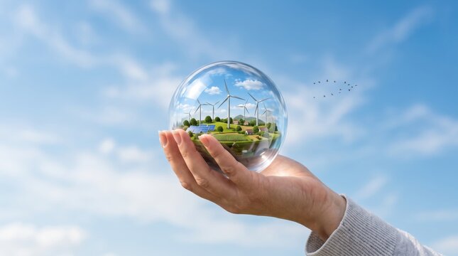 Hand holding glass sphere containing wind turbines and solar panels landscape against blue sky, renewable energy and environmental protection concept, clean power future