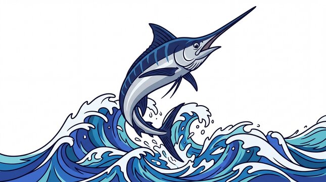 Vector illustration of a majestic marlin jumping out of ocean waves, isolated on white background