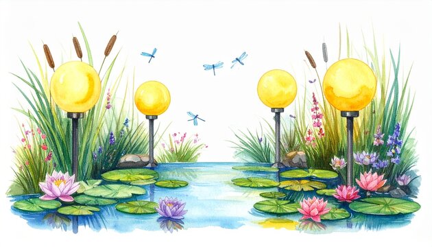 Teich mit Libellen und Kugellampen