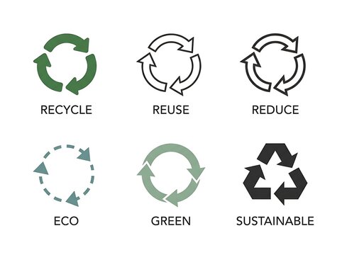 Set of recycling icons depicting recycle reuse reduce eco green sustainable symbols