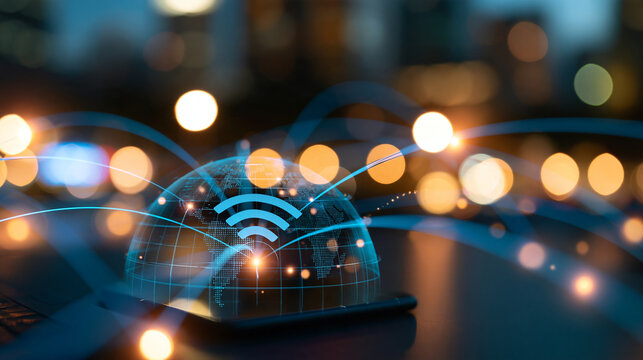 Global 5G wireless network and internet technology concept, smart city communication network, mobile internet and wifi connection data visualization, with copy space