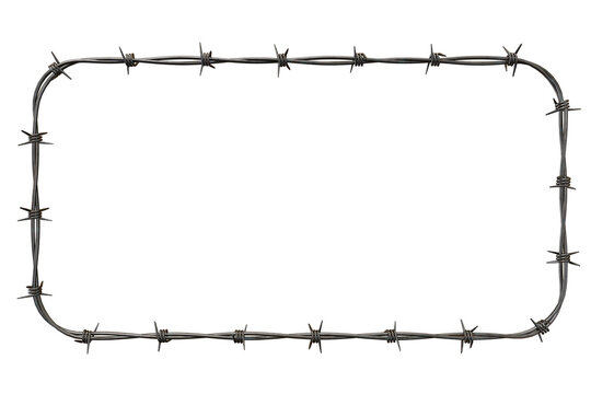 Rectangular frame made of sharp barbed wire on dark wood background