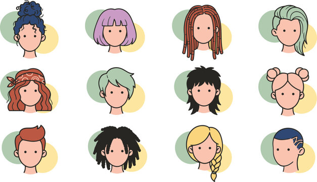 Diverse female avatar collection with 12 unique hairstyles, modern character profile icons, colorful woman head illustrations for social media