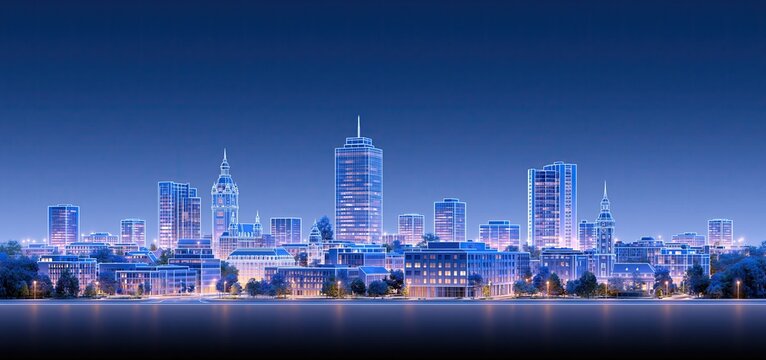 At dusk, Chemnitz city skyline features minimalist design and gently illuminated buildings against a tranquil sky.