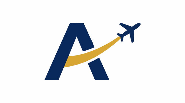 Abstract letter A and airplane logo for travel and aviation business
