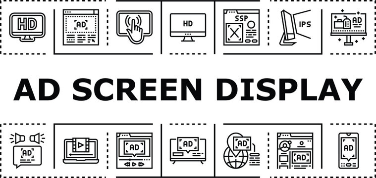 Ad screen display banner infographic. Targeting kiosk, banner panel, marketing billboard icon vector illustration