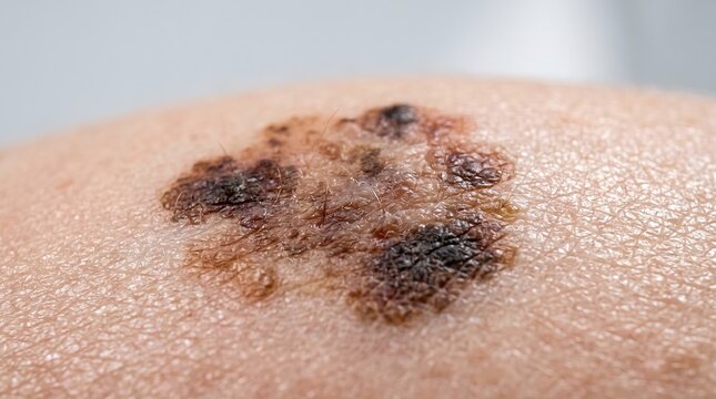 Close up macro of an irregular dark mole melanoma or seborrheic keratosis on human skin.