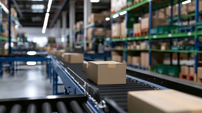 A cardboard box moves along a conveyor belt in a large warehouse with tall shelves ed with boxes