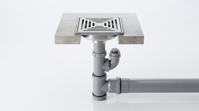 Industrial floor drain assembly featuring a square metal grate and plastic plumbing pipes showing the interior trap and horizontal drainage path