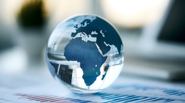 A transparent globe with blue continents sits on documents featuring bar charts and graphs  suggesting global business or financial analysis