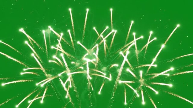 Colorful fireworks exploding with bright sparkles on green screen background video clip.