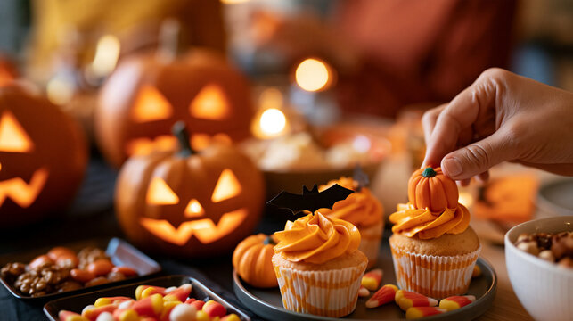 Friends celebrating a Halloween party with carved pumpkins, cupcakes and autumn candy treats, festive seasonal spread, with copy space