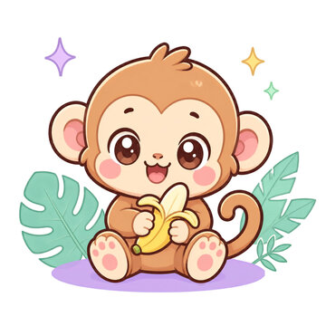Cute Baby Monkey Eating Banana Illustration Clipart Isolated