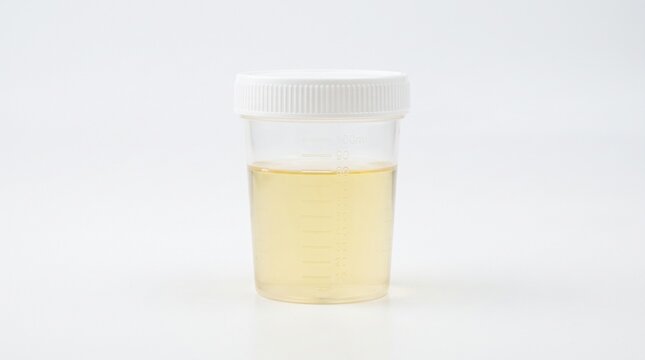 Sample of urine in a plastic container isolated on a white background for medical testing