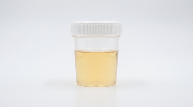 Medical urine sample in a sterile plastic specimen container for laboratory analysis and clinical health diagnosis isolated on white background