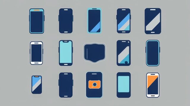 Vector illustration set of various smartphone designs in flat style, showcasing different screen shapes, modern mobile device models, and technology icons against a neutral background
