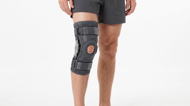 Man wearing adjustable orthopedic knee brace for joint support and injury recovery on white background