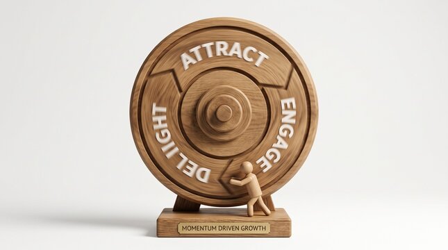 Wooden business flywheel model with attract engage and delight text representing modern marketing strategy concept, studio shot on white background
