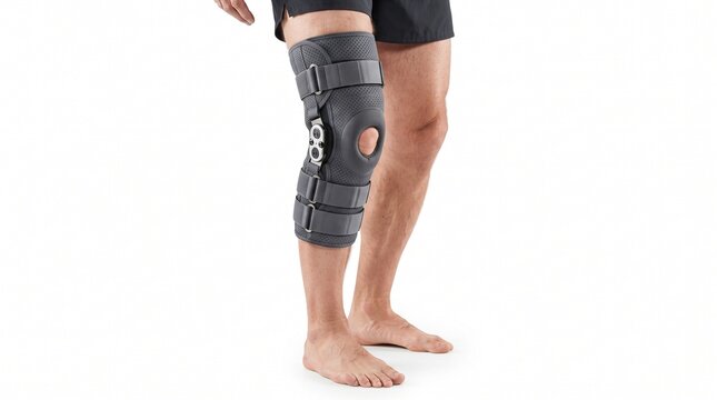 Man wearing an orthopedic knee brace with side hinges for joint support and injury recovery