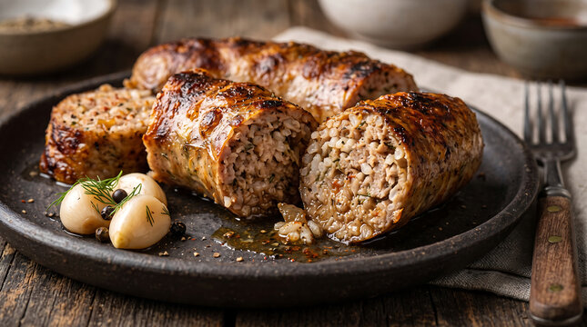 Hyper Realistic 9K Eye Level Macro Close Up Moldovan Chisca Pork Rice Sausage Food Photography