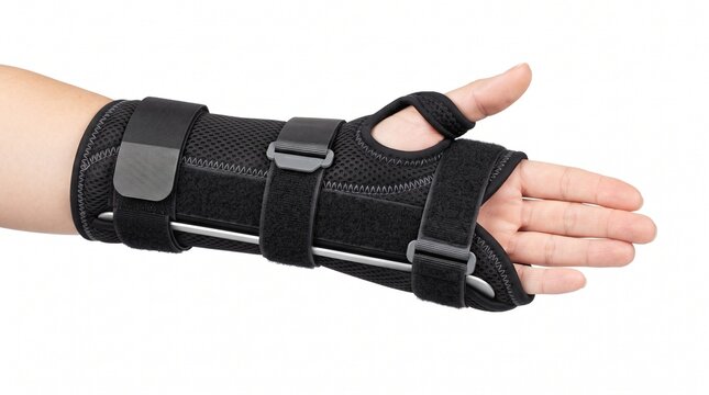 Close-up of a hand wearing a black medical wrist brace, providing crucial support and stabilization for recovery and rehabilitation from injury, isolated on a clean white background